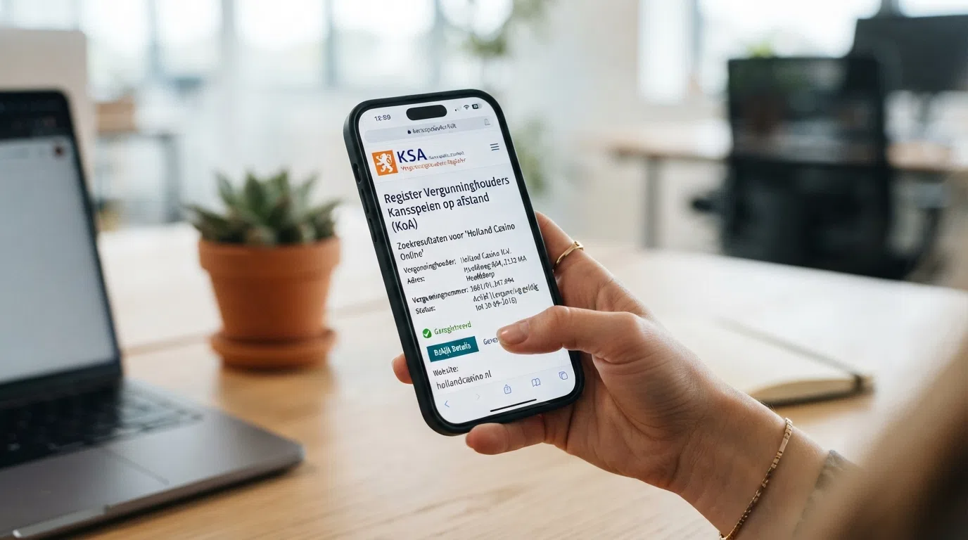 Close-up van een smartphonescherm met de Kansspelwijzer-pagina van het KSA-register, met een vergunningnummer duidelijk leesbaar