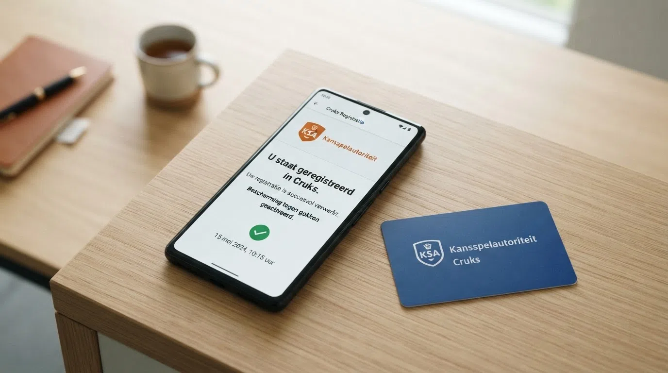 Het logo van de Kansspelautoriteit naast een Android-telefoon met het Cruks-registratiescherm en de tekst 'U staat geregistreerd in Cruks'