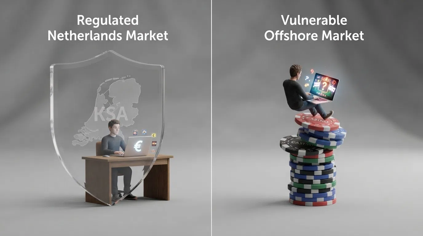 Een visuele vergelijking tussen een casino met KSA-vergunning (met Cruks-logo, geschillencommissie en belastingvrijstelling) en een offshore casino zonder die waarborgen