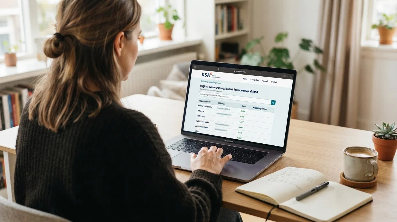 Schermafbeelding van het openbare KSA-register met een zoekopdracht naar kansspelaanbieders