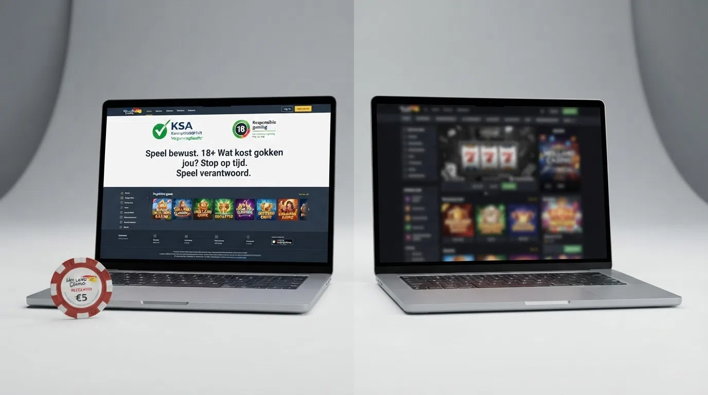 Een gesplitst scherm: links het keurmerk van de Kansspelautoriteit op een legale casino-website, rechts een waarschuwing van de KSA over een illegaal casino