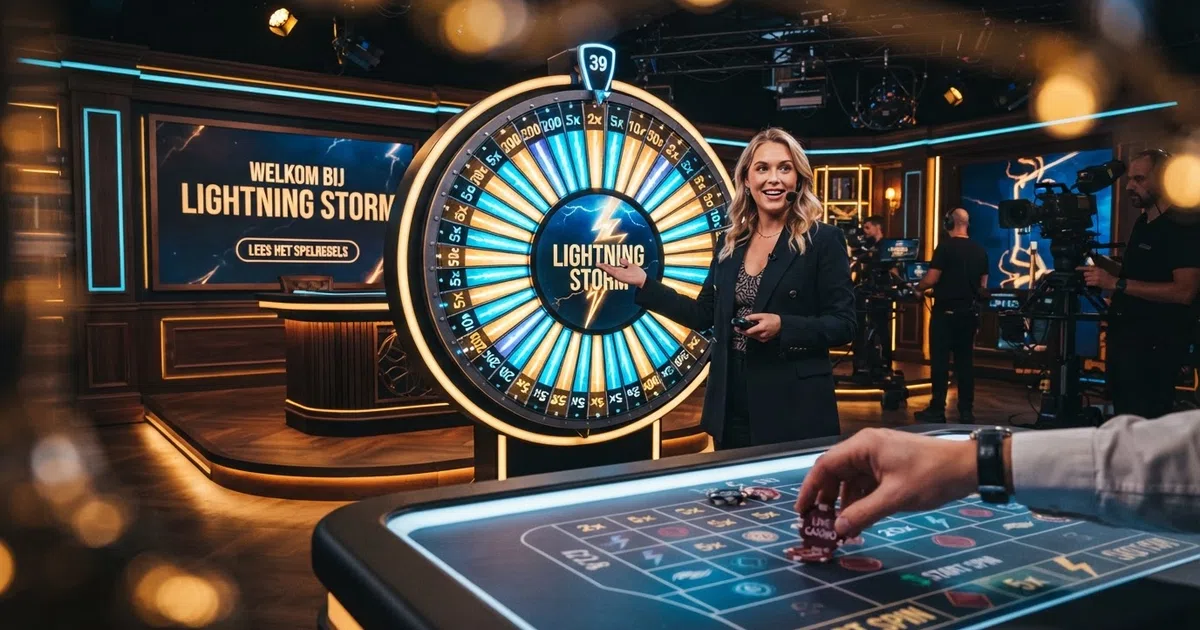 Het Lightning Storm DigiWiel met 39 gekleurde segmenten in een live casino studio met presentator