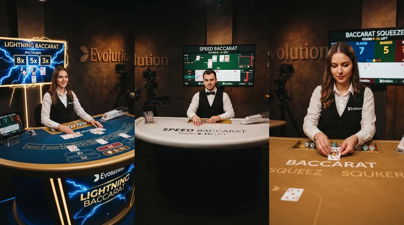 Een split-screen van verschillende live baccarat tafels: een Lightning Baccarat-tafel met bliksem-effecten, een Speed Baccarat-tafel met timer, en een Squeeze-tafel met close-up van de kaartonthulling