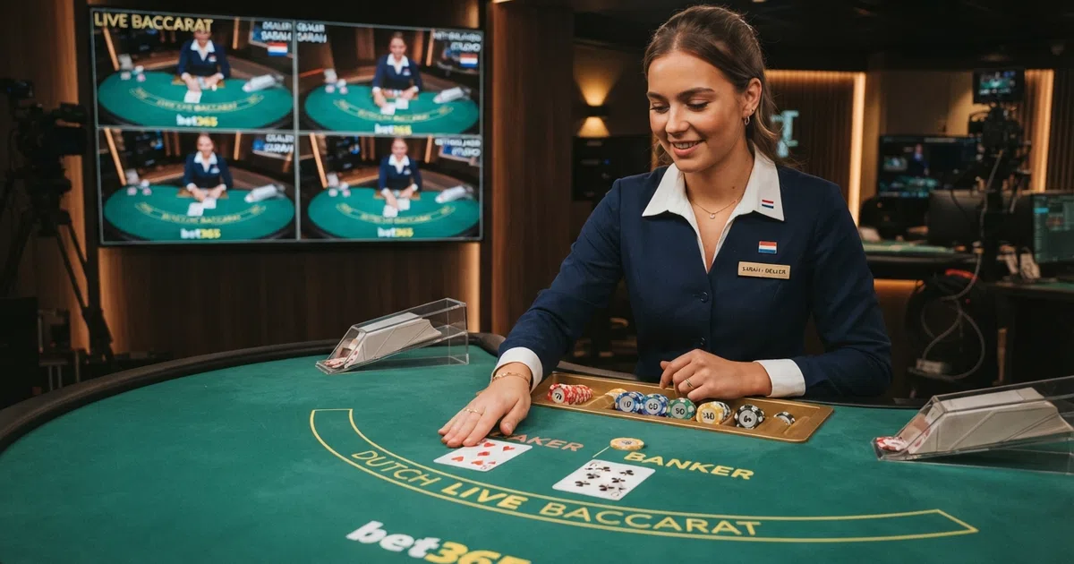Een live dealer aan een baccarat-tafel in een casino-studio, met meerdere camerahoeken zichtbaar op een scherm, kaarten op het groene speelveld