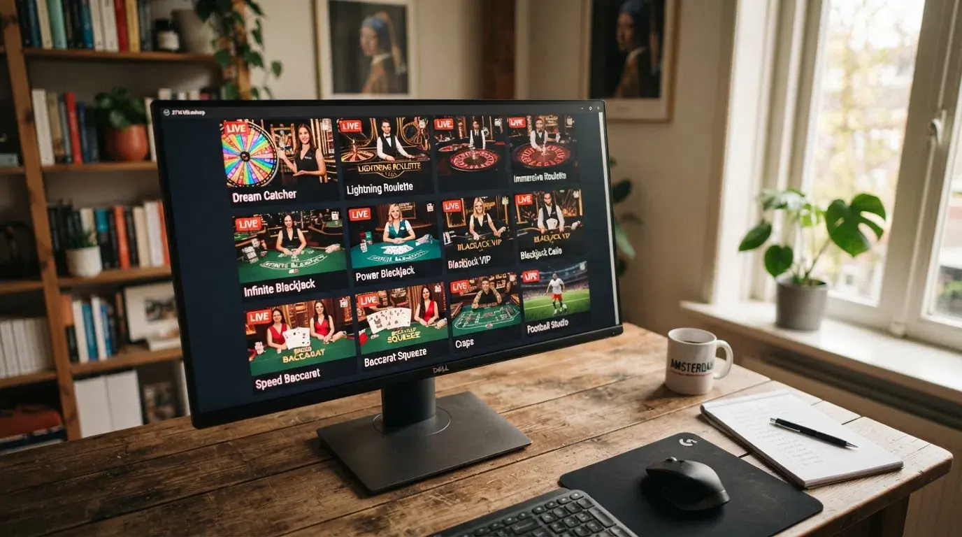 Een grid van live casino thumbnails: Dream Catcher-rad, roulettetafel, blackjackhanden en een baccaratspel, elk met een “LIVE”-tag