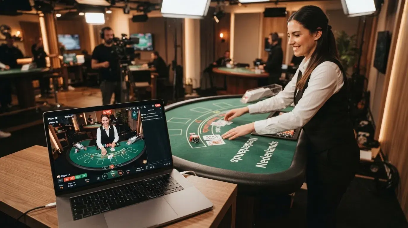 Een live-dealer aan een blackjacktafel met het opschrift “Nederlands” op de tafelrand, zichtbaar in een online casino-interface