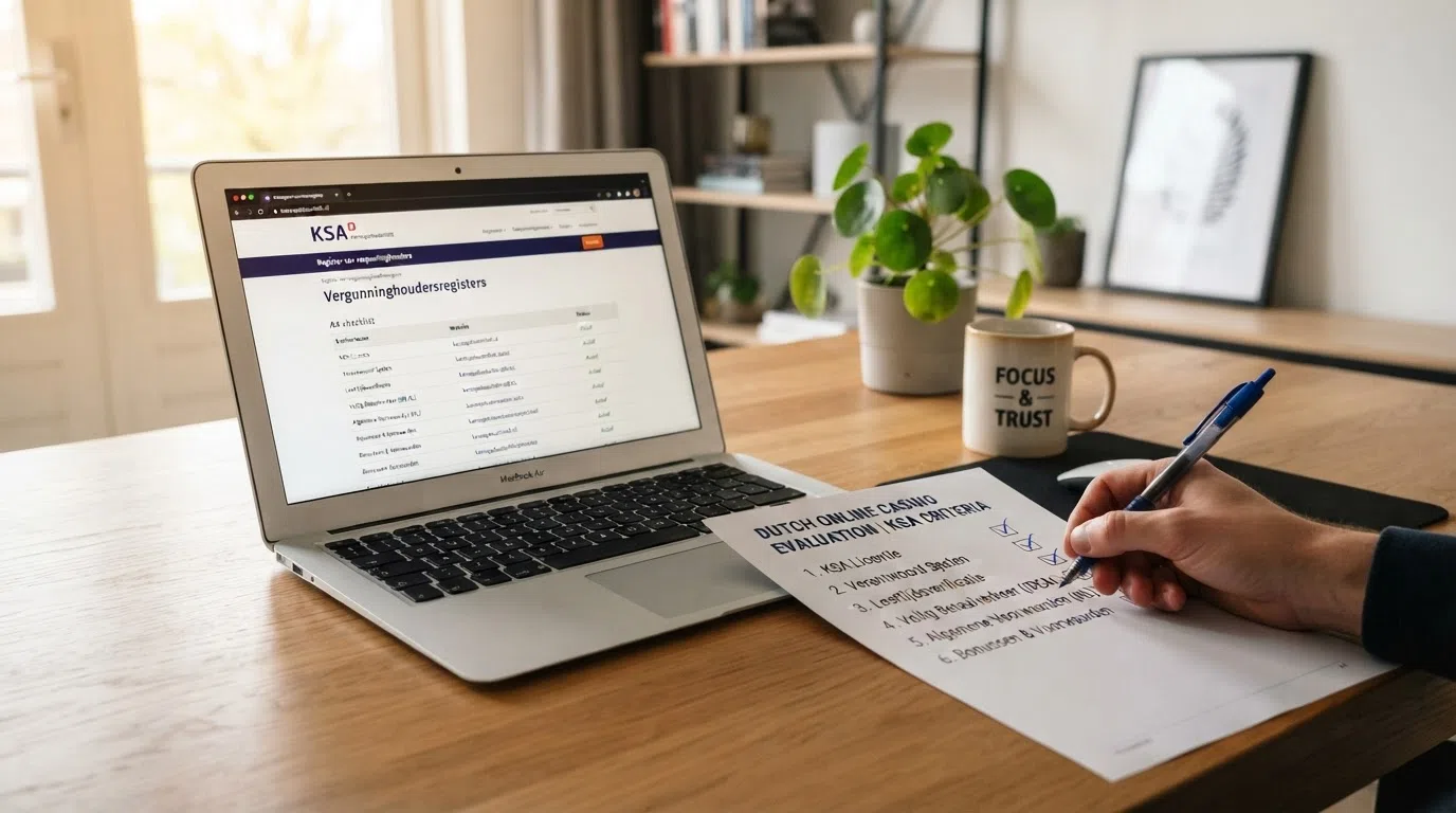 Een notitieblok met een checklist van beoordelingscriteria naast het KSA-register op een laptopscreen.