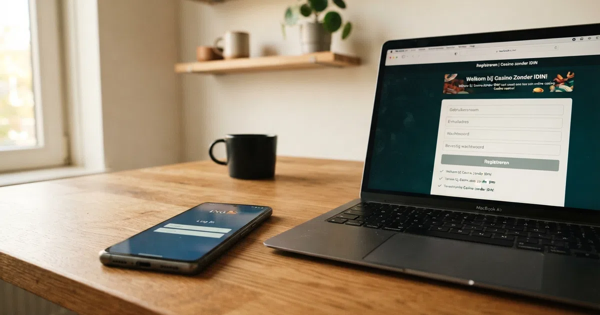 Een smartphone toont het inlogscherm van een Nederlandse bank met het iDIN-keurmerk, geplaatst naast de registratiepagina van een online casino