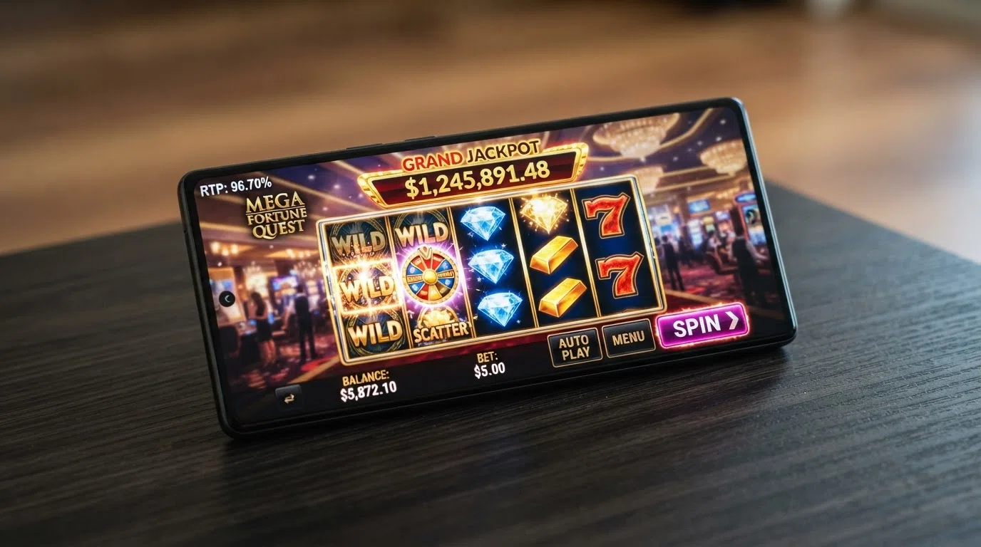 een schermopname van een progressieve jackpot slot met het RTP-percentage en de jackpotmeter duidelijk zichtbaar in beeld