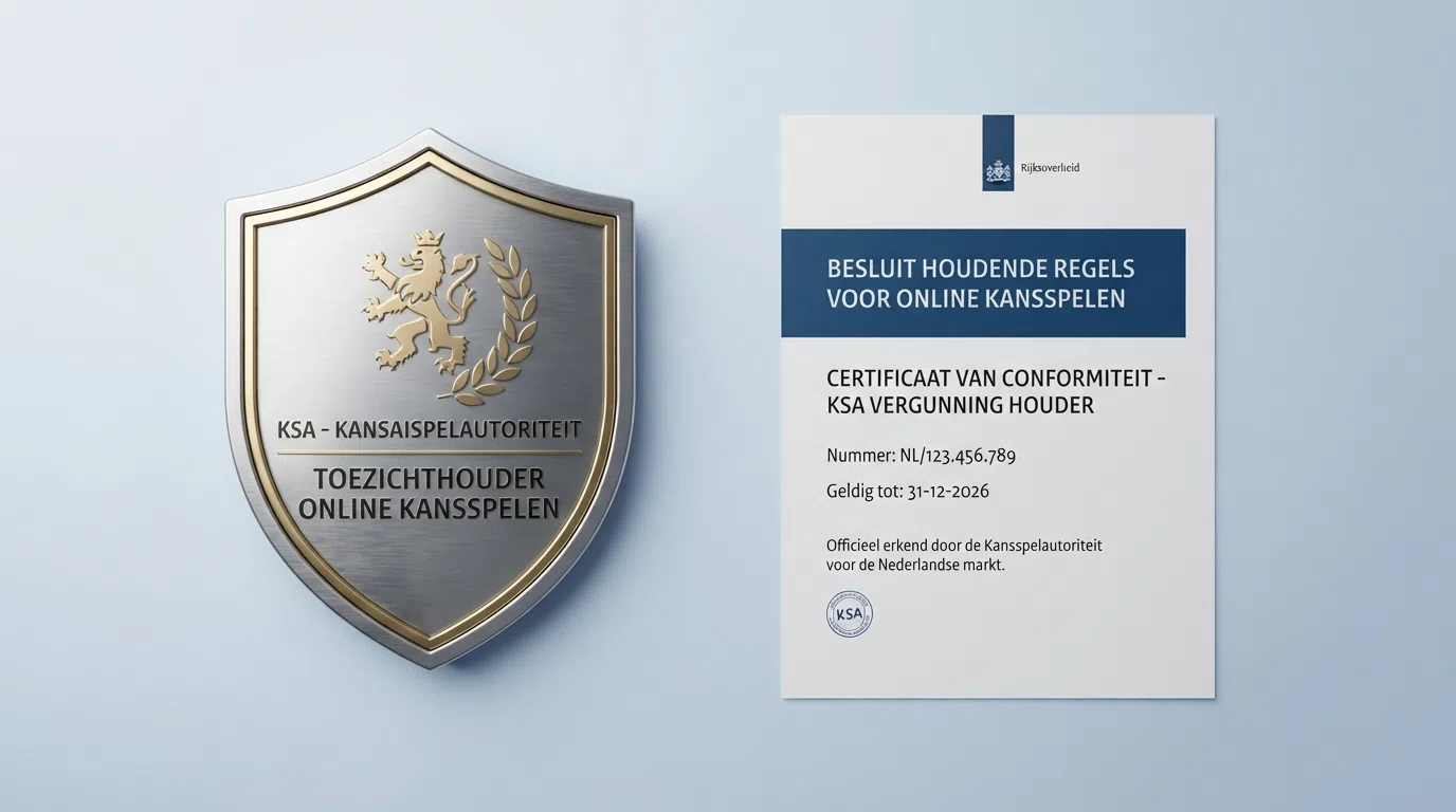 Het logo van de Kansspelautoriteit naast een voorbeeld van een KSA-vergunning voor online kansspelen op afstand, met het Cruks-logo in de hoek.