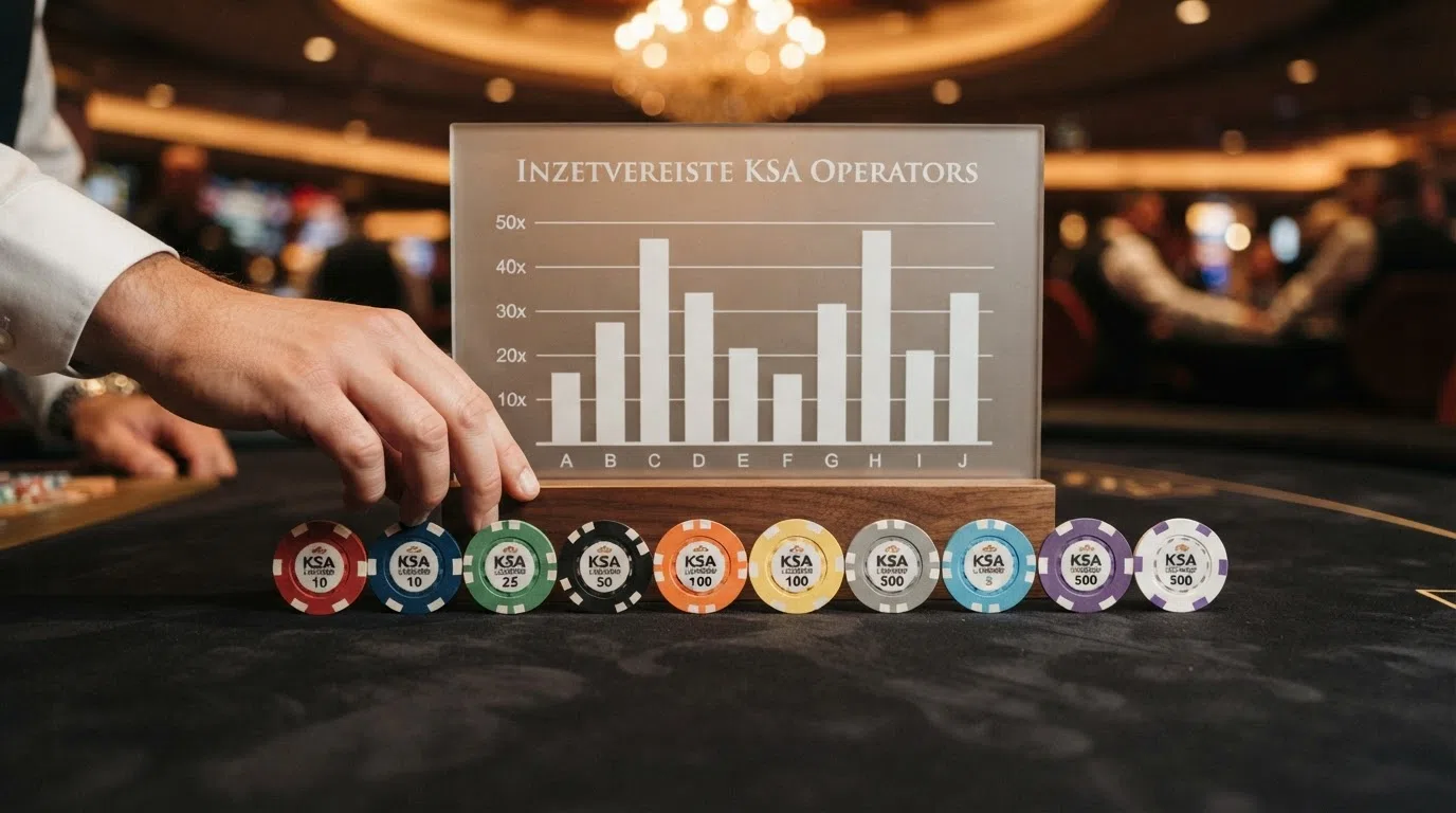 Een overzichtelijk raster van tien casino-logo's boven een tabel met licentiestatus, bonus en inzetvereiste.