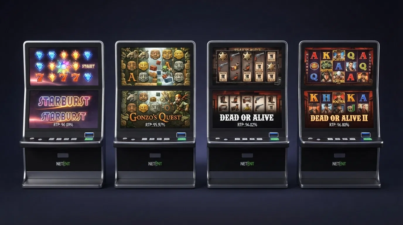 Vier bekende NetEnt-slots naast elkaar: Starburst, Gonzo's Quest, Dead or Alive en Dead or Alive 2, met hun RTP-percentages onder elke titel