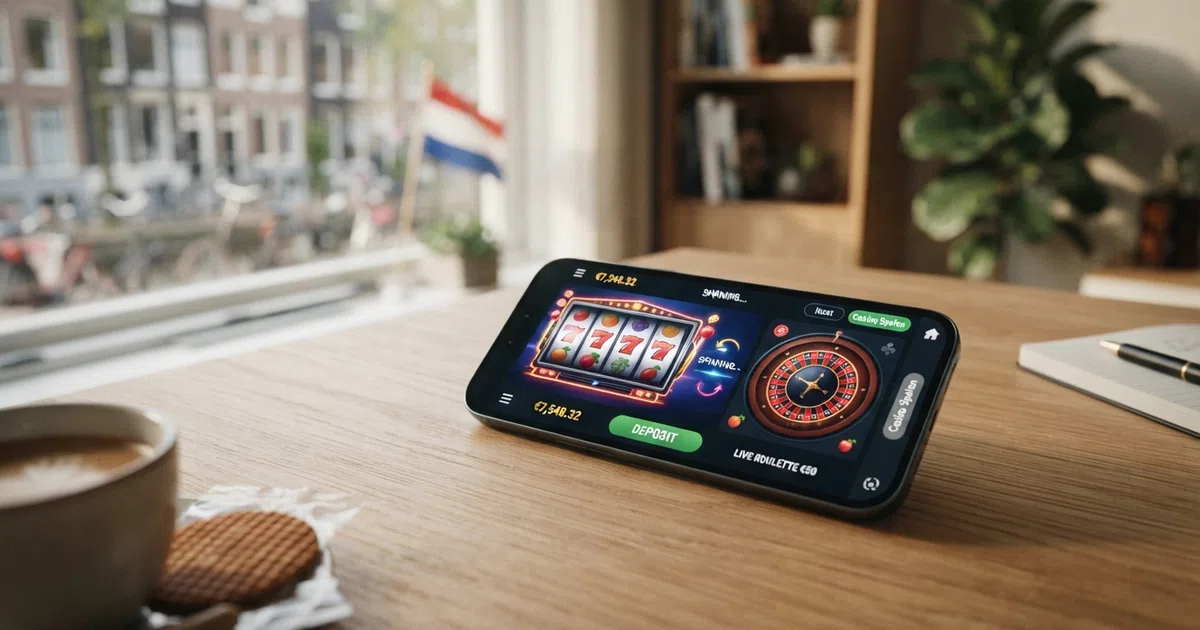 Een laptopscherm met een casino-interface zonder identiteitsformulier, een Bitcoin-logo subtiel in de hoek en een Nederlandse vlag als knipoog naar de doelgroep