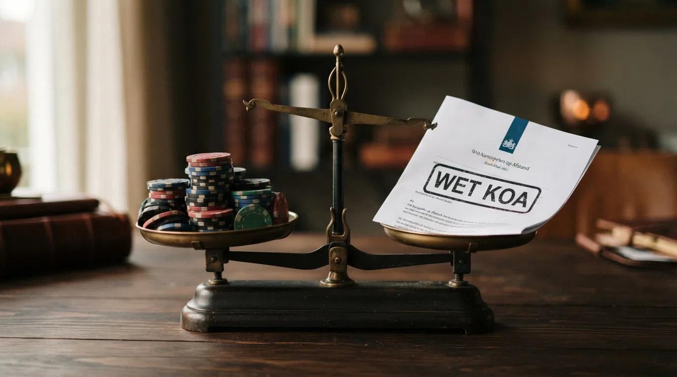 Een balans met aan de ene kant een slot-symbool en aan de andere kant een document met het stempel “Wet Koa”, visueel uit evenwicht