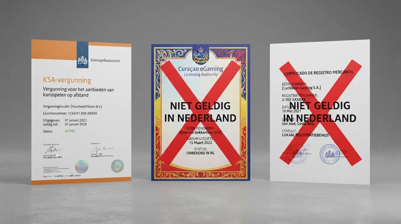 Drie documenten naast elkaar: een KSA-vergunning, een Curaçao eGaming-licentie en een Costa Rica-registratiebewijs, met een rood kruis door de laatste twee
