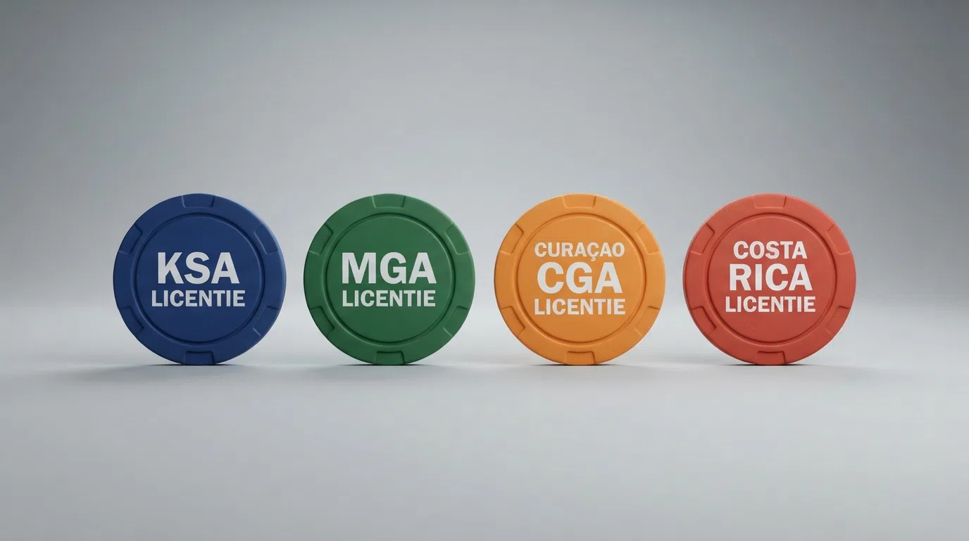 Een overzichtelijke vergelijking van vier kansspelvergunningen: KSA, MGA, Curaçao CGA en Costa Rica, met bij elke vergunning het niveau van spelersbescherming