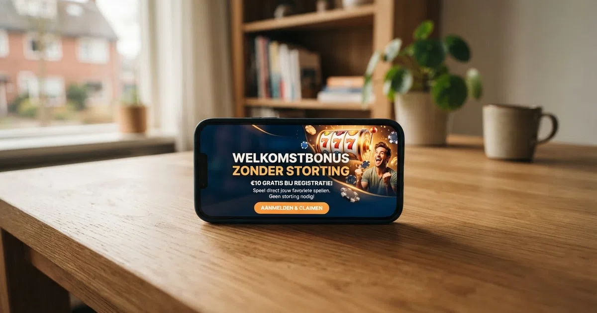 Een close-up van een smartphone die een Nederlandse online casino welkomstpagina toont, met een welkomstbonus zonder storting banner zichtbaar op het scherm.