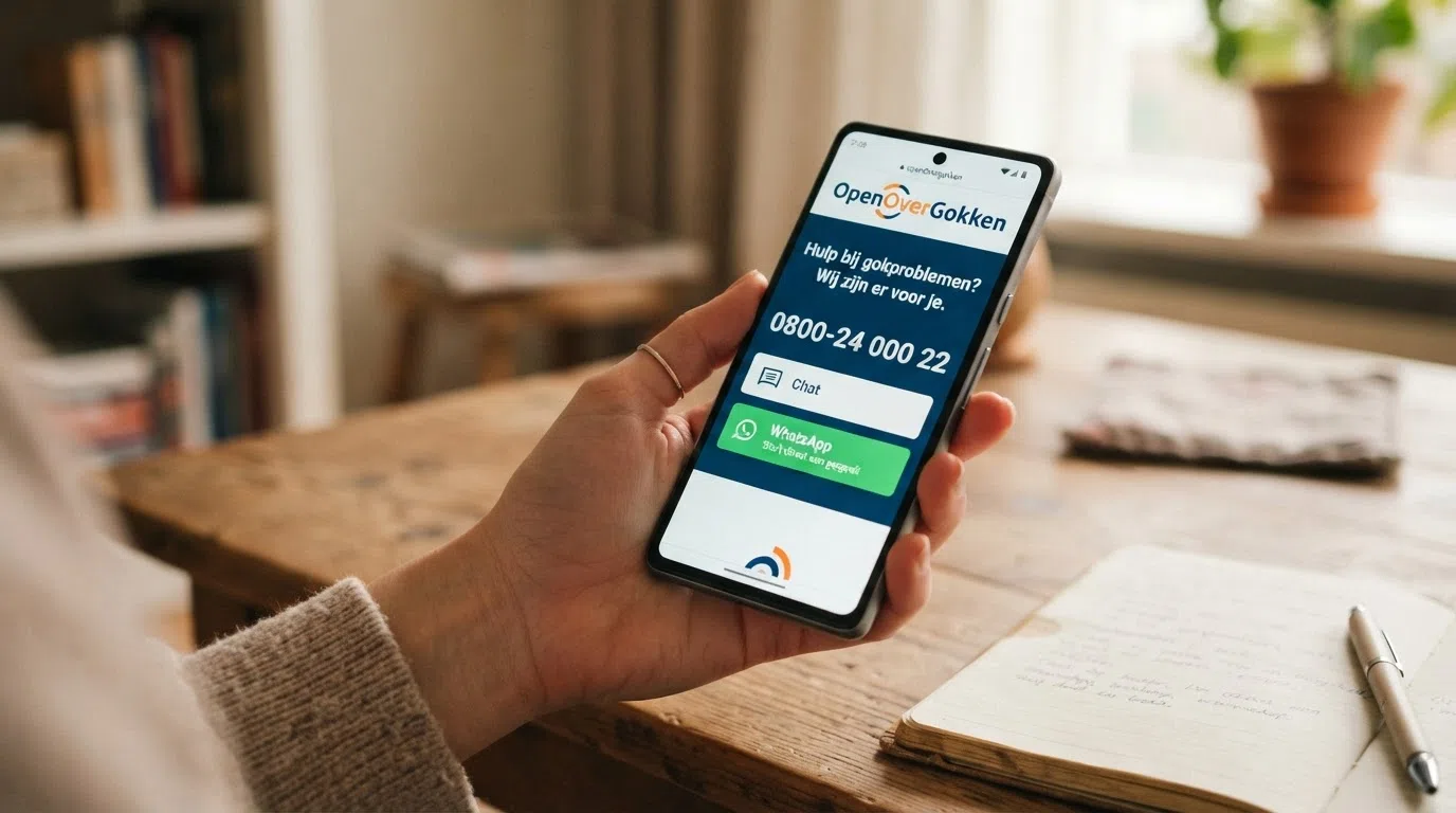 Startpagina van OpenOverGokken, het landelijke hulpplatform van de Kansspelautoriteit — telefoon, chat en WhatsApp zichtbaar