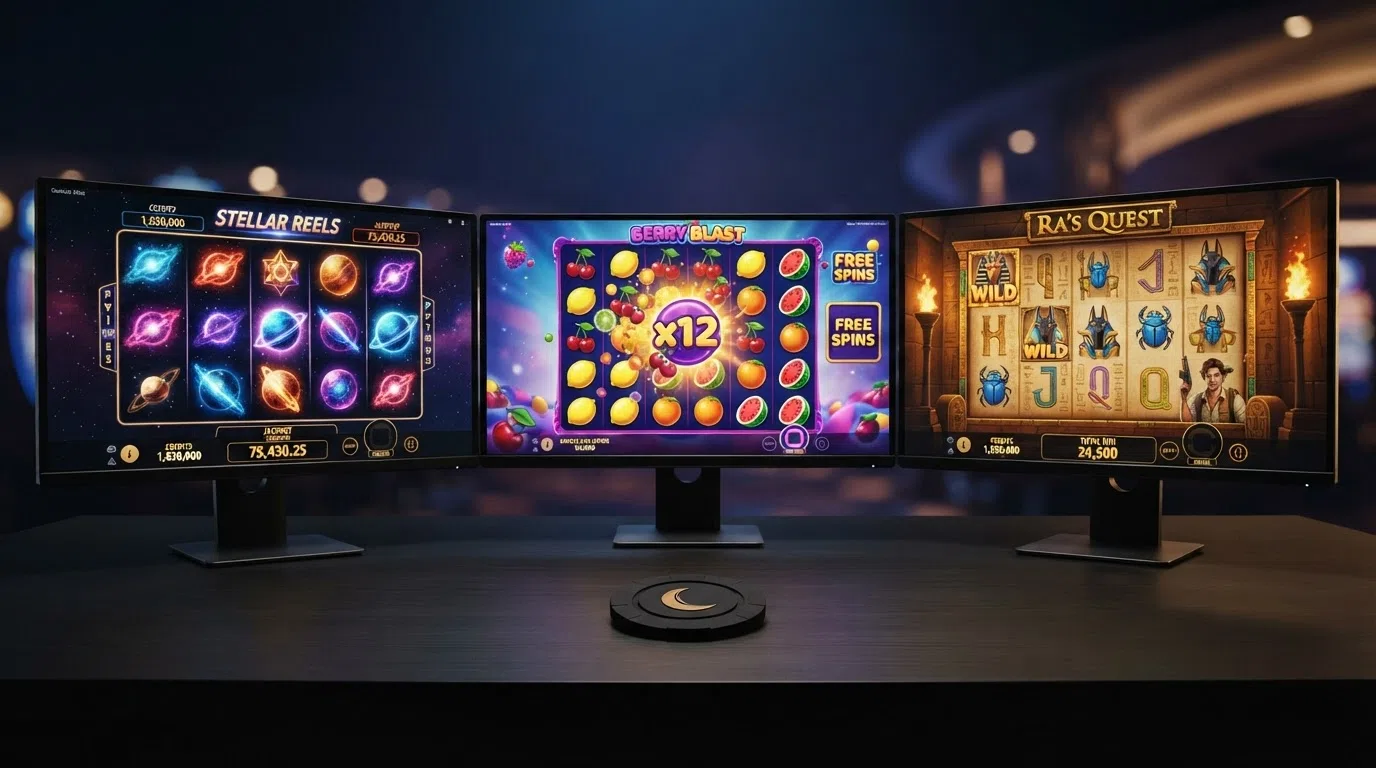 Een scherm gevuld met de iconische symbols van Starburst, Sweet Bonanza en Book of Ra naast elkaar