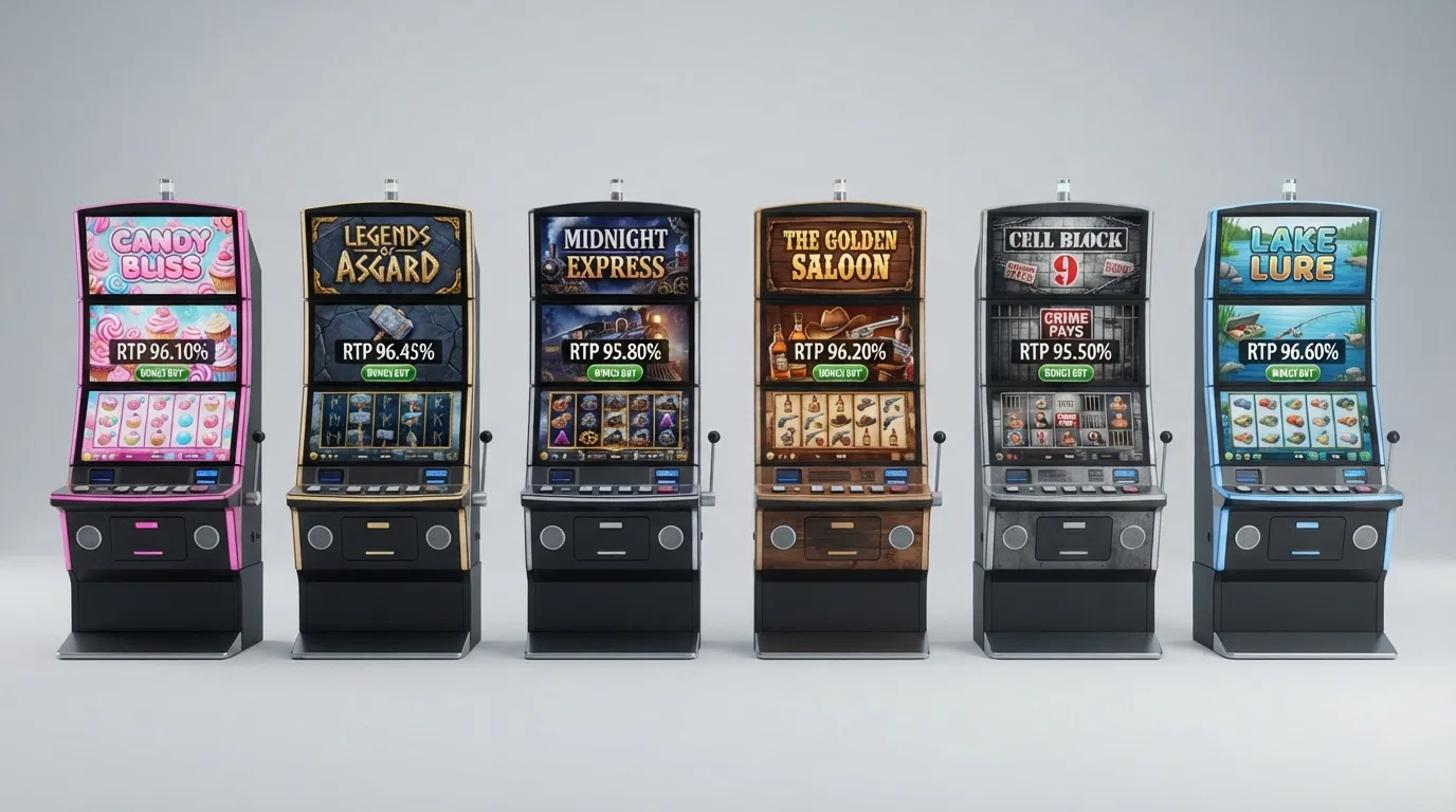 Zes bonus-buy-gokkasten op een rij: Sweet Bonanza, Gates of Olympus, Money Train 4, Dead or Alive 2, San Quentin 2 en Big Bass Bonanza