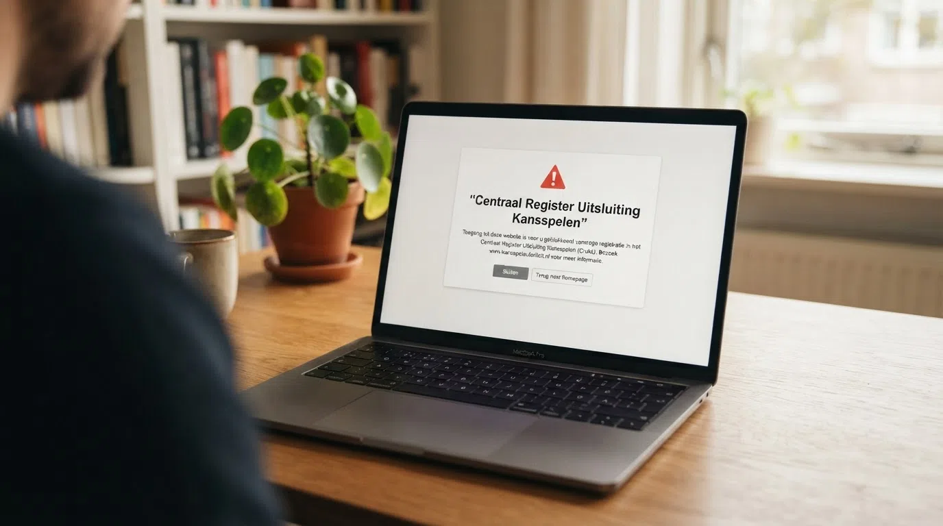 Het Kansspelautoriteit-logo naast een waarschuwingssymbool en de tekst 'Centraal Register Uitsluiting Kansspelen' op een beeldscherm