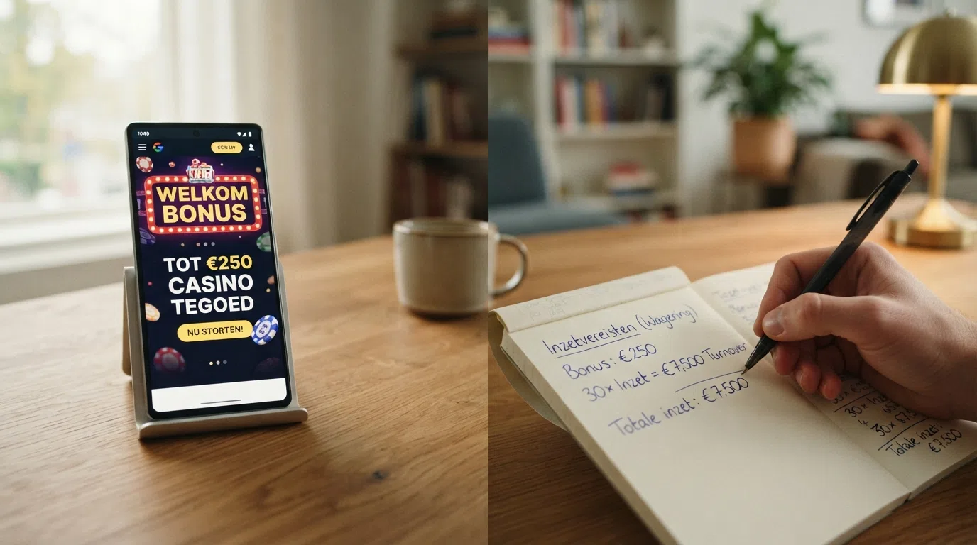 Een split-screen: links een grote “€250 bonus” banner op een casino app, rechts een rekenmachine met daaronder “30× rondspeelvoorwaarde = €7.500 turnover”