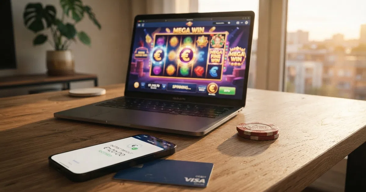 Een digitale timer naast een open laptop met een casino-interface, een iDEAL-logo en een bankpas op een bureau