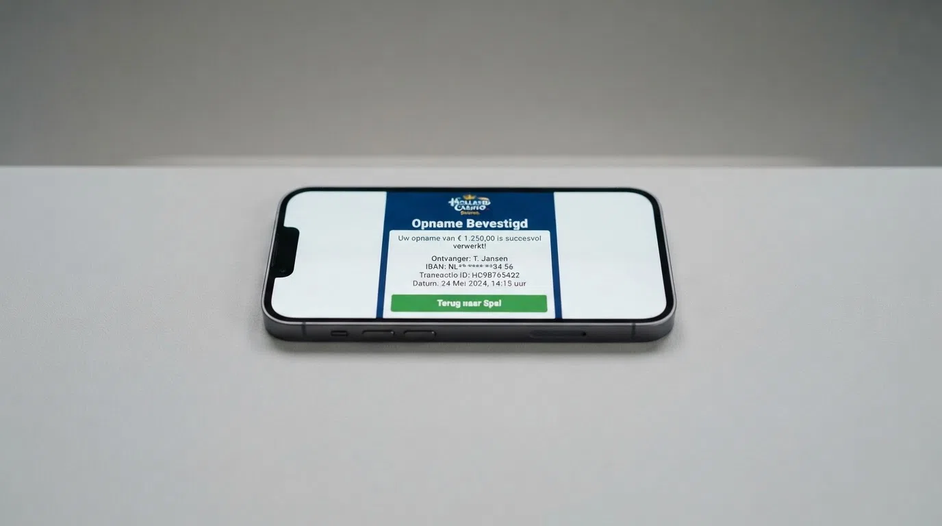 Een smartphone met een uitbetalingsbevestiging van een Nederlands online casino, met het uitbetaalde bedrag en de verwerkingstijd in beeld