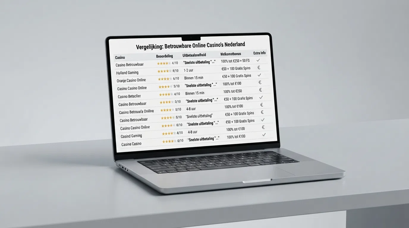 Een overzichtelijke vergelijkingstabel met de namen, licentiestatus en uitbetalingstijden van de tien besproken online casino's op een laptopscherm