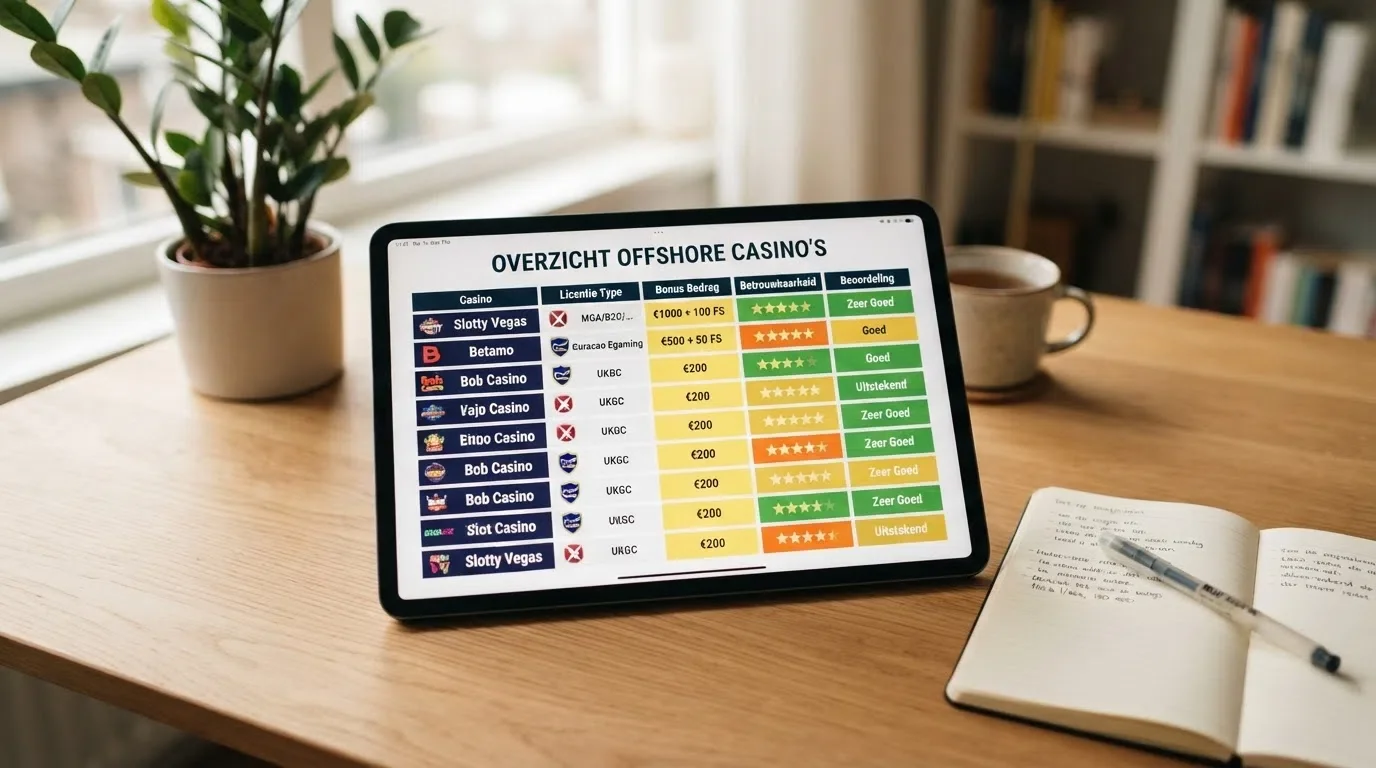 Een rangschikking van de tien besproken casino's op een visuele schaal van betrouwbaarheid, met hun licentietype en bonusbedrag naast elkaar