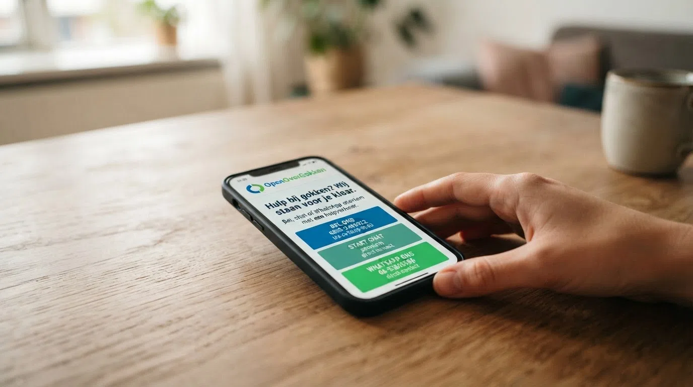 Scherm van een smartphone met de OpenOverGokken-hulplijnpagina en een hand die de telefoon vasthoudt