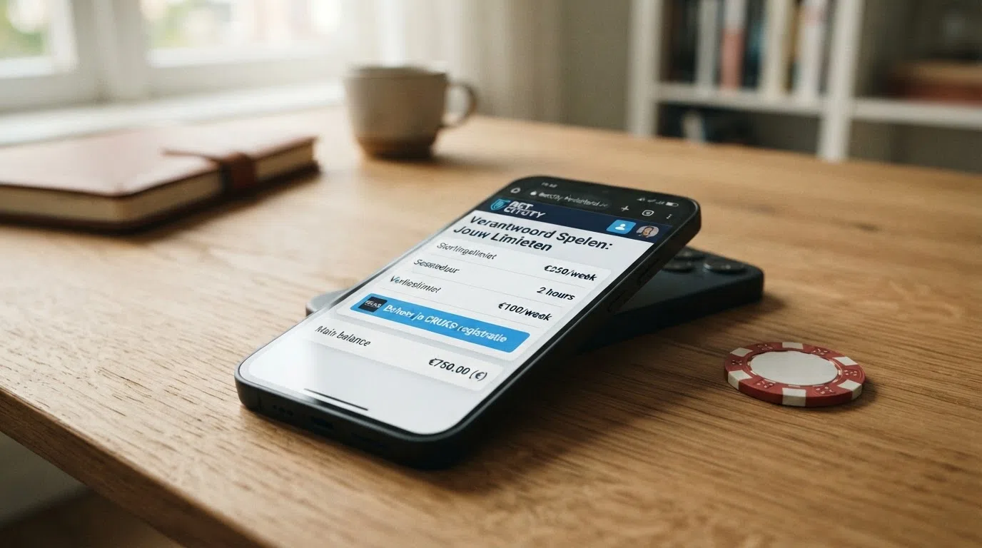 Het dashboard van een Nederlands online casino met stortingslimiet-instellingen, sessieduur-weergave en een Cruks-verwijzing in het menu