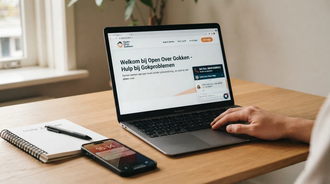 Het logo van OpenOverGokken naast een telefoon en een chatvenster op een laptopscherm