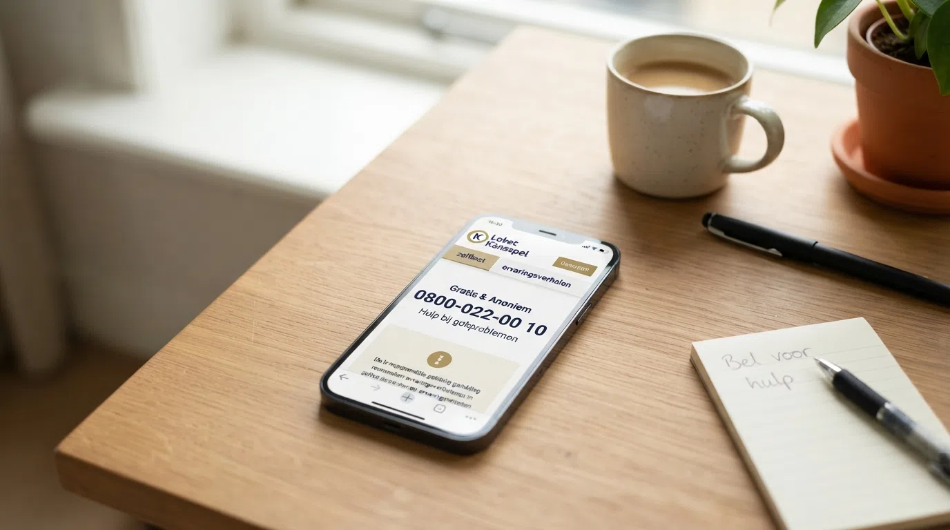 Een smartphone met op het scherm de website van Loket Kansspel en het telefoonnummer 0800-022-00 10