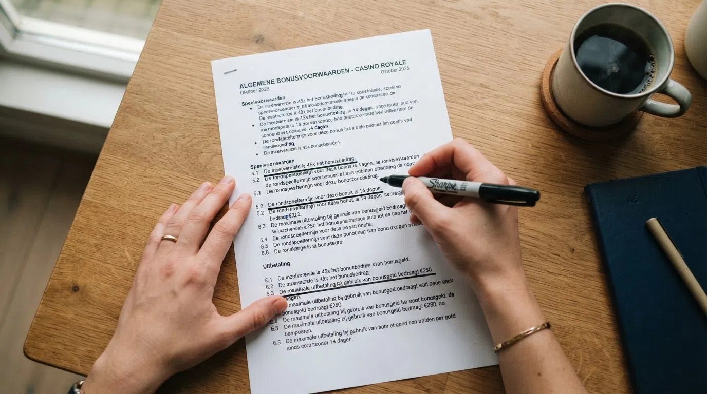 Een close-up van bonusvoorwaarden met een markeerstift over de inzetvereiste, de rondspeeltermijn en de maximale uitbetaling